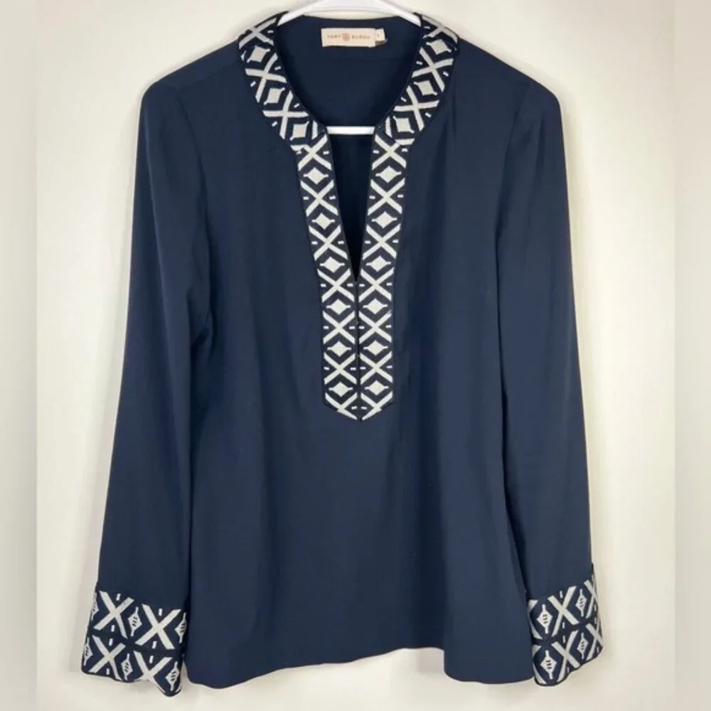 TORY‎ BURCH ARIANA V Neck Tunic with Taping Blouse Embroidered Knit Trim Size 4